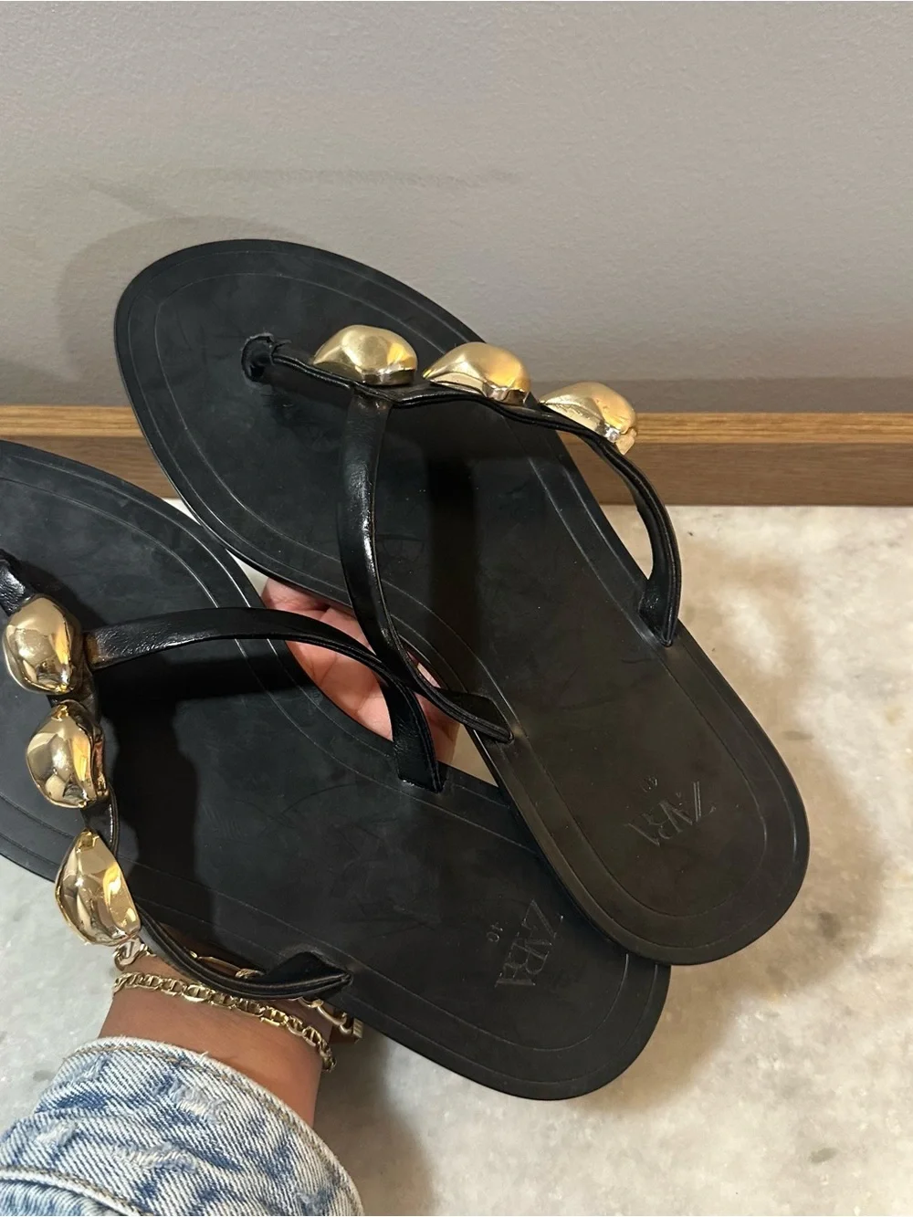 Zara Black Flip Flop Sandals with Gold Accent - Picture 4 of 5